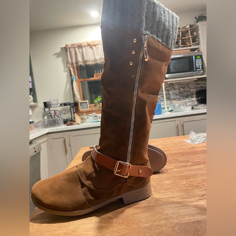 Never worn Brown Knee-High Boots with Gray Knit Cuff